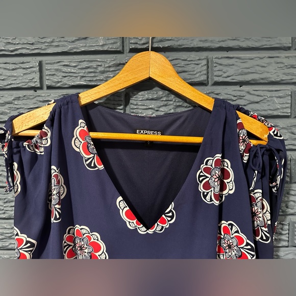 Express Mini Dress L Exposed Shoulder Tie Chiffon 90s Y2K Floral. SO CUTE! - Picture 4 of 5